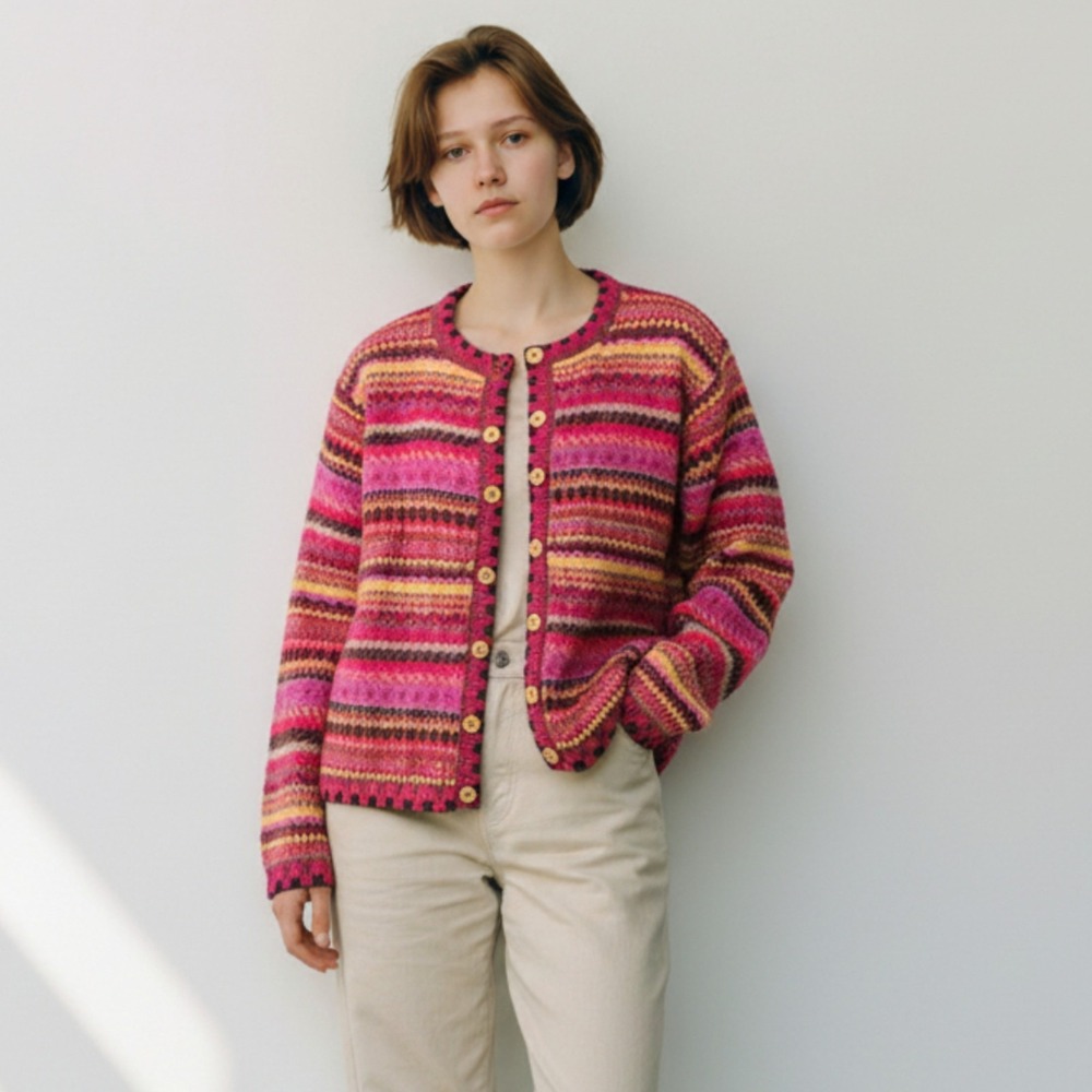 VTG Y2K Go Fish Women's Small Sweater Cardigan Striped Fair Isle Funky
